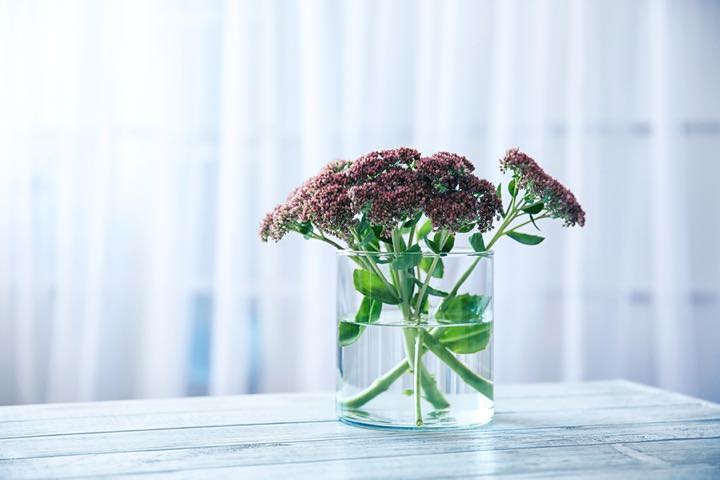 Vase with bouquet of beautiful flowers on table